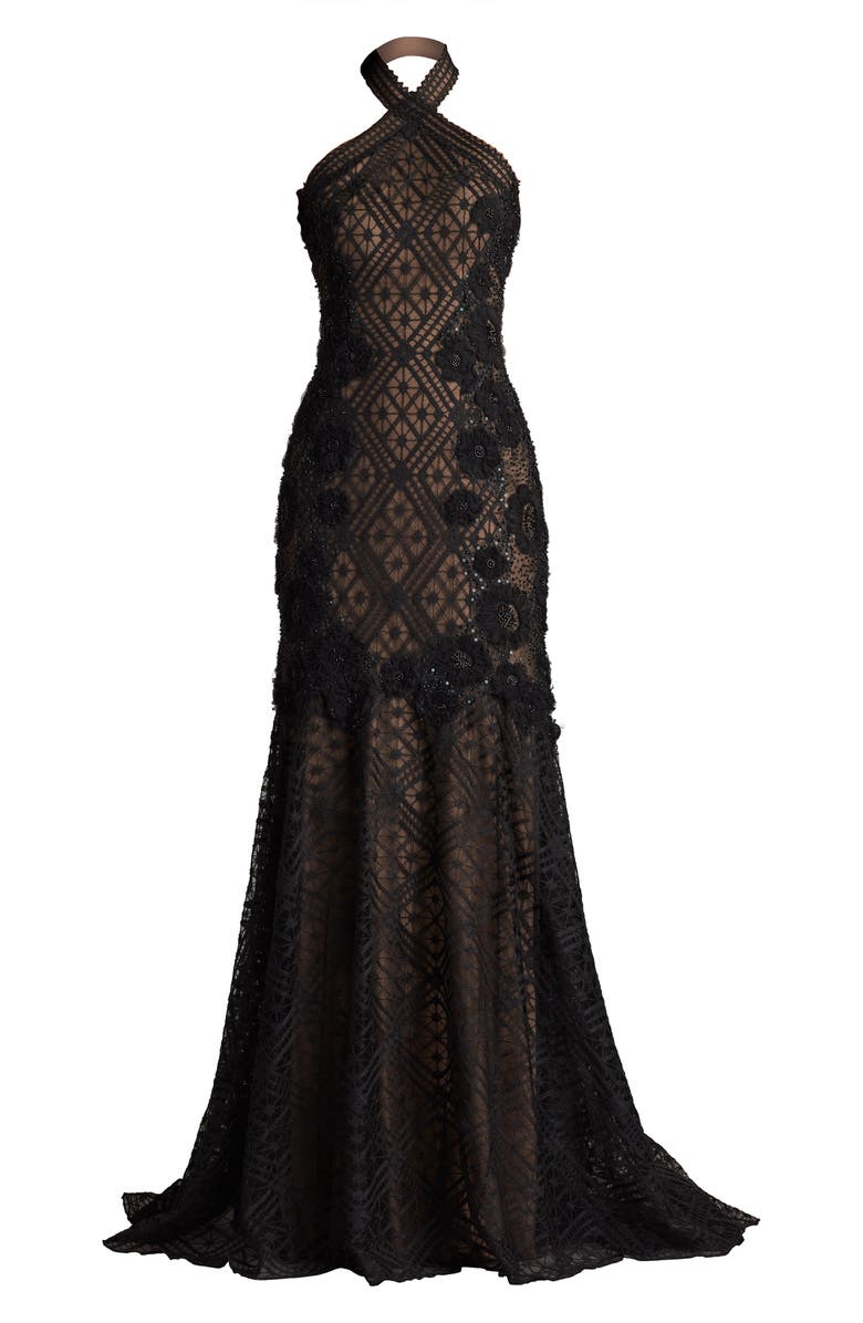 Tadashi Shoji Embroidered Sequin Lace Halter Neck Gown, Alternate, color, Black/ Beige
