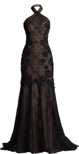 Embroidered Sequin Lace Halter Neck Gown