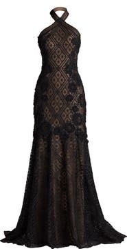 Tadashi Shoji Embroidered Sequin Lace Halter Neck Gown