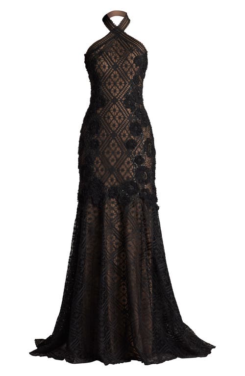 Tadashi Shoji Embroidered Sequin Lace Halter Neck Gown In Brown