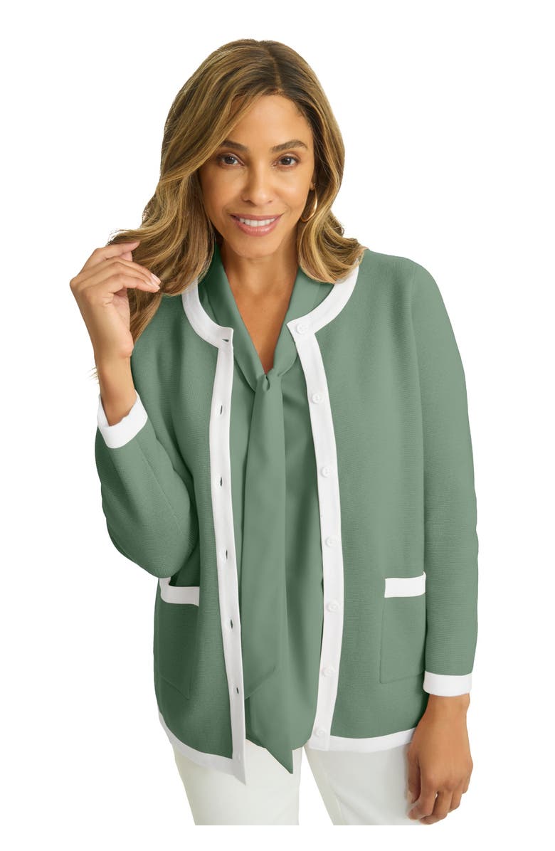 Jessica London Tipped Boxy Cardigan, Main, color, Olive Drab White