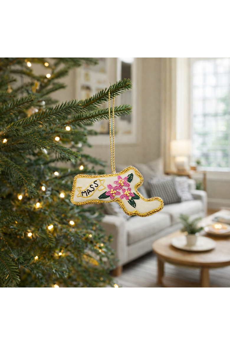 Massachusetts State Mayflower Beaded Fabric Ornament - Embroidered, Alternate, color, Cream