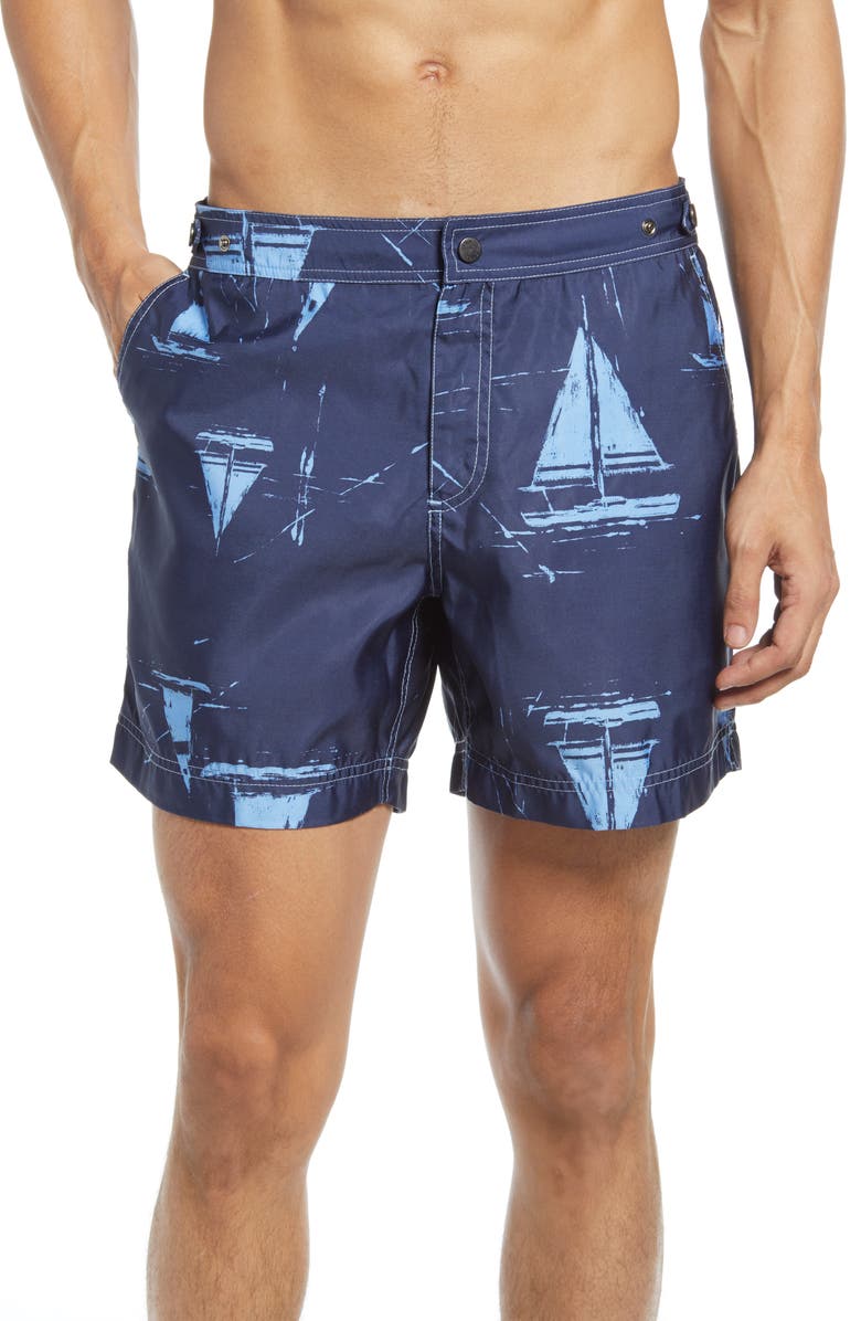 PRINCE & BOND Sail Away Boat Print Hybrid Nylon Swim Trunks, Main, color, 