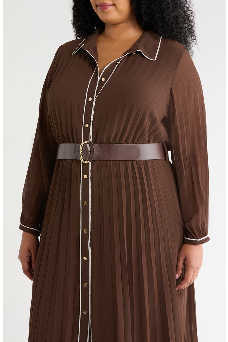 Piping Plissé Button-Up Midi Shirtdress, Alternate, color, RICH CHOCOLATE
