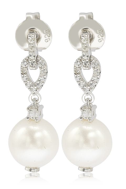 Sterling Silver 8mm Freshwater Pearl & Created Sapphire Dangle Earrings