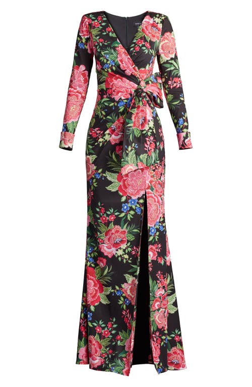 Tadashi Shoji Floral Long Sleeve Evening Gown In Black/fuchsia Floral