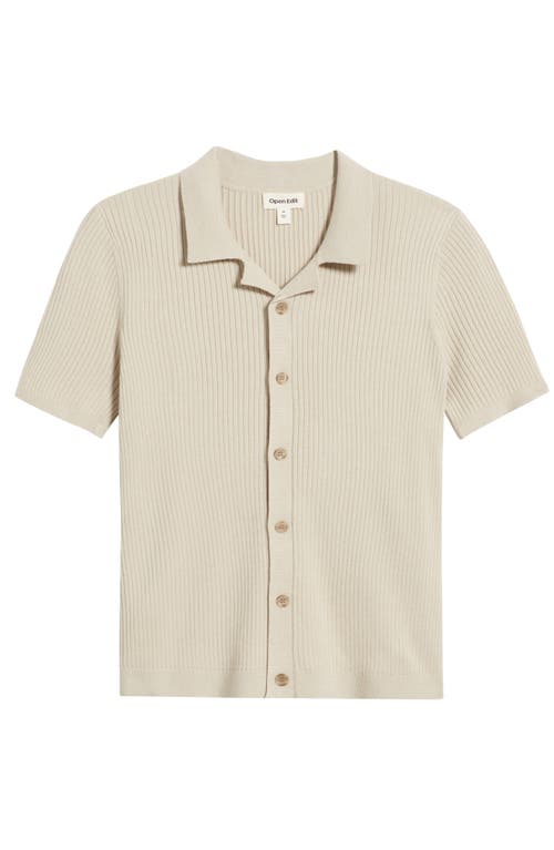 Open Edit Ribbed Short Sleeve Camp Collar Cardigan In Beige Birch