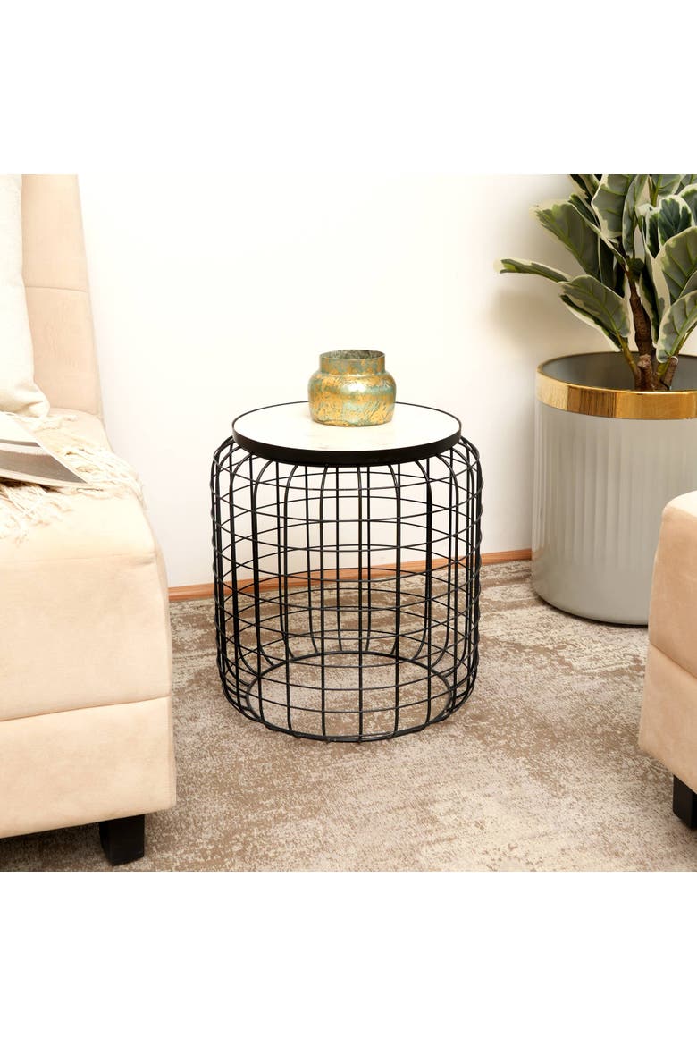 Marble End Table Round Side Table Black Metal Frame Modern Living Room Decor, Alternate, color, Black - 14.5x14.5x16.5"