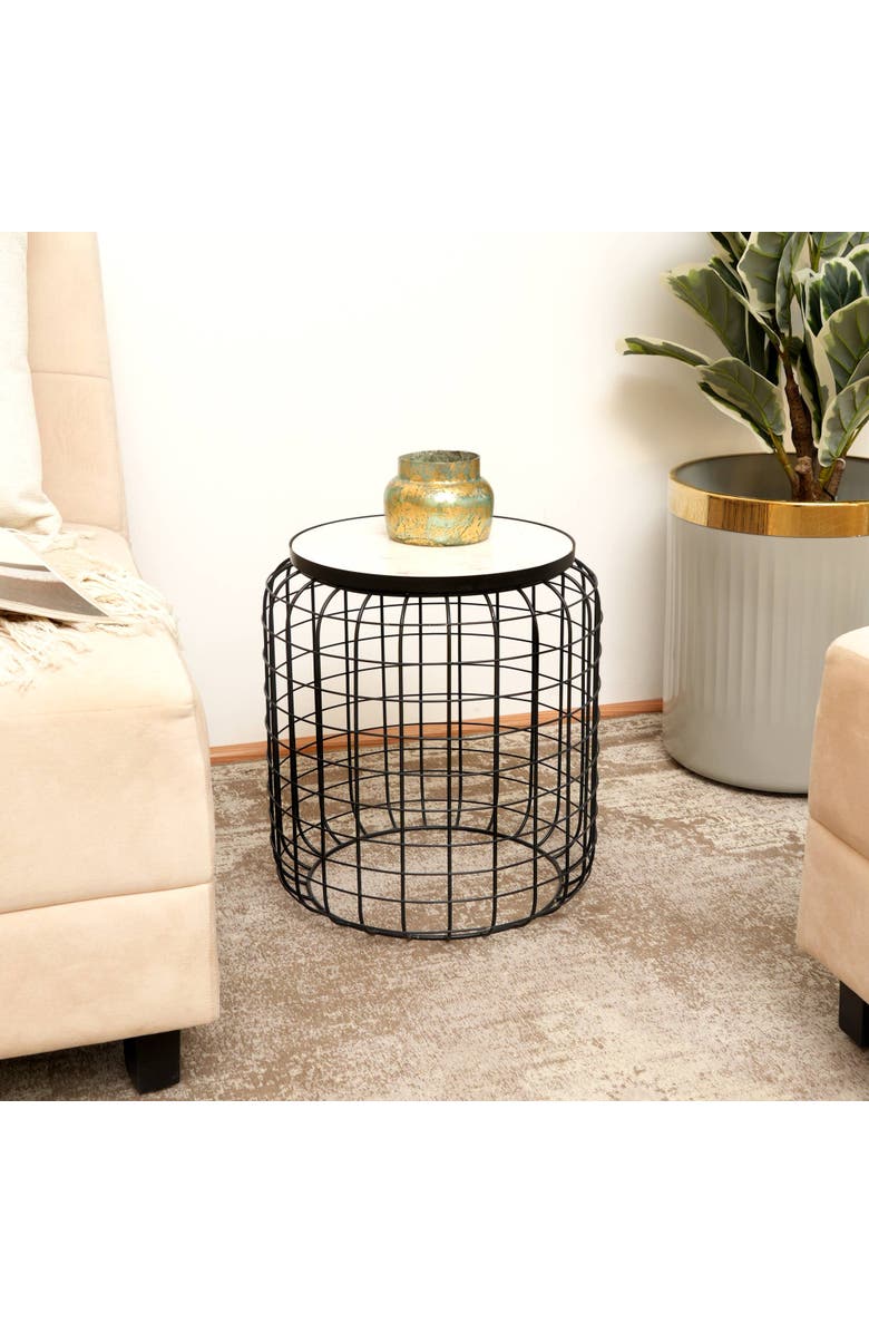 Expo Bazaar Marble End Table Round Side Table Black Metal Frame Modern Living Room Decor, Alternate, color, Black - 14.5X14.5x16.5"