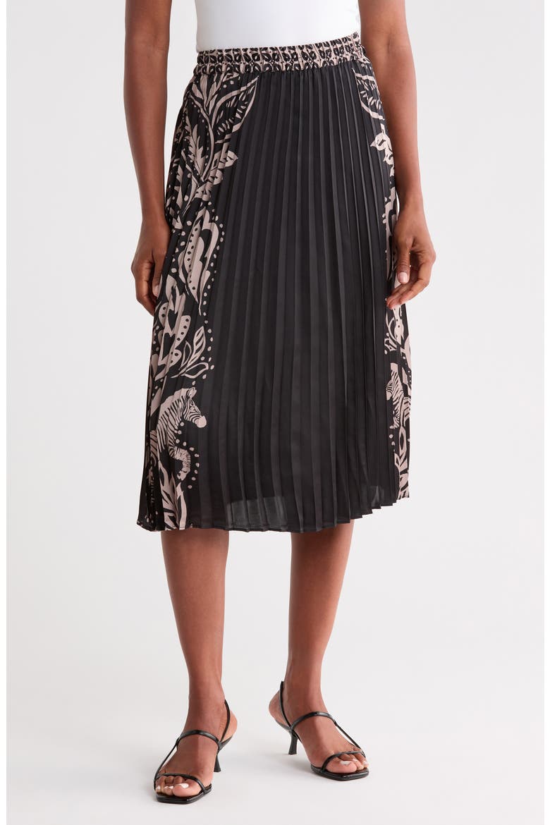 Printed Pleated Midi Skirt, Main, color, BLACK/ TAUPE FLORAL BORDER