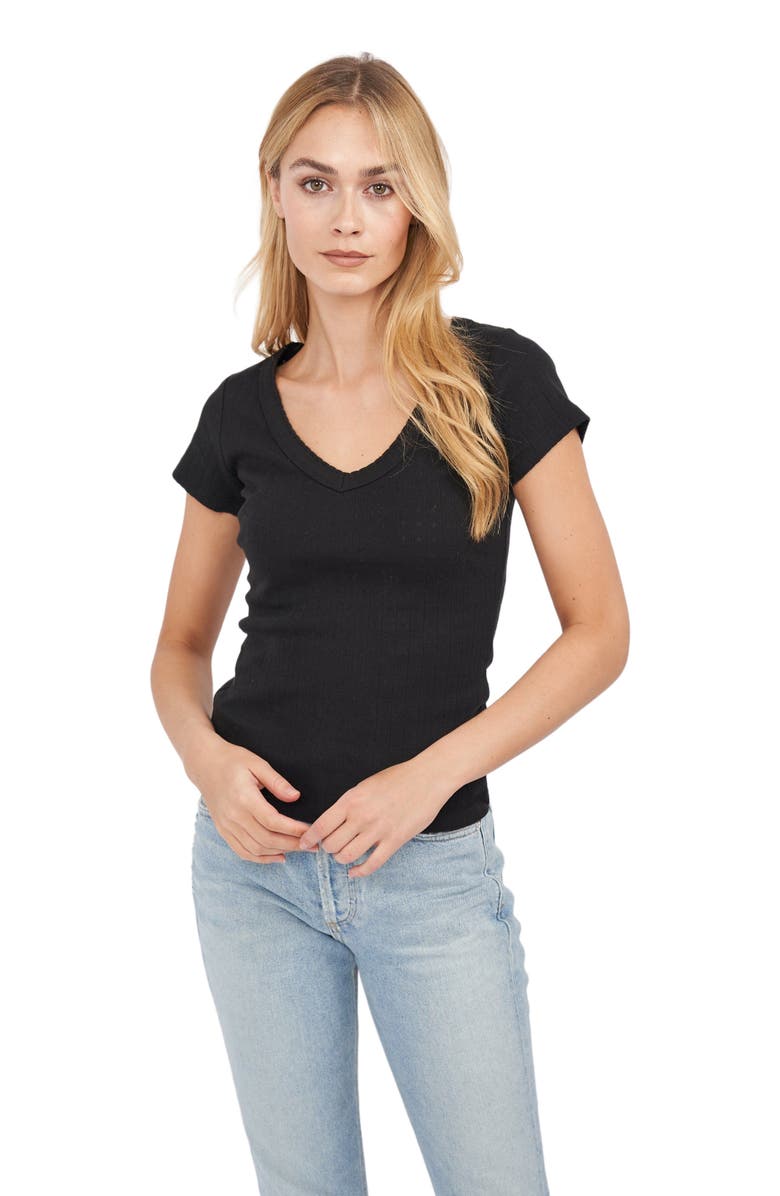 Marea Pointelle V-Neck Tee, Main, color, Black
