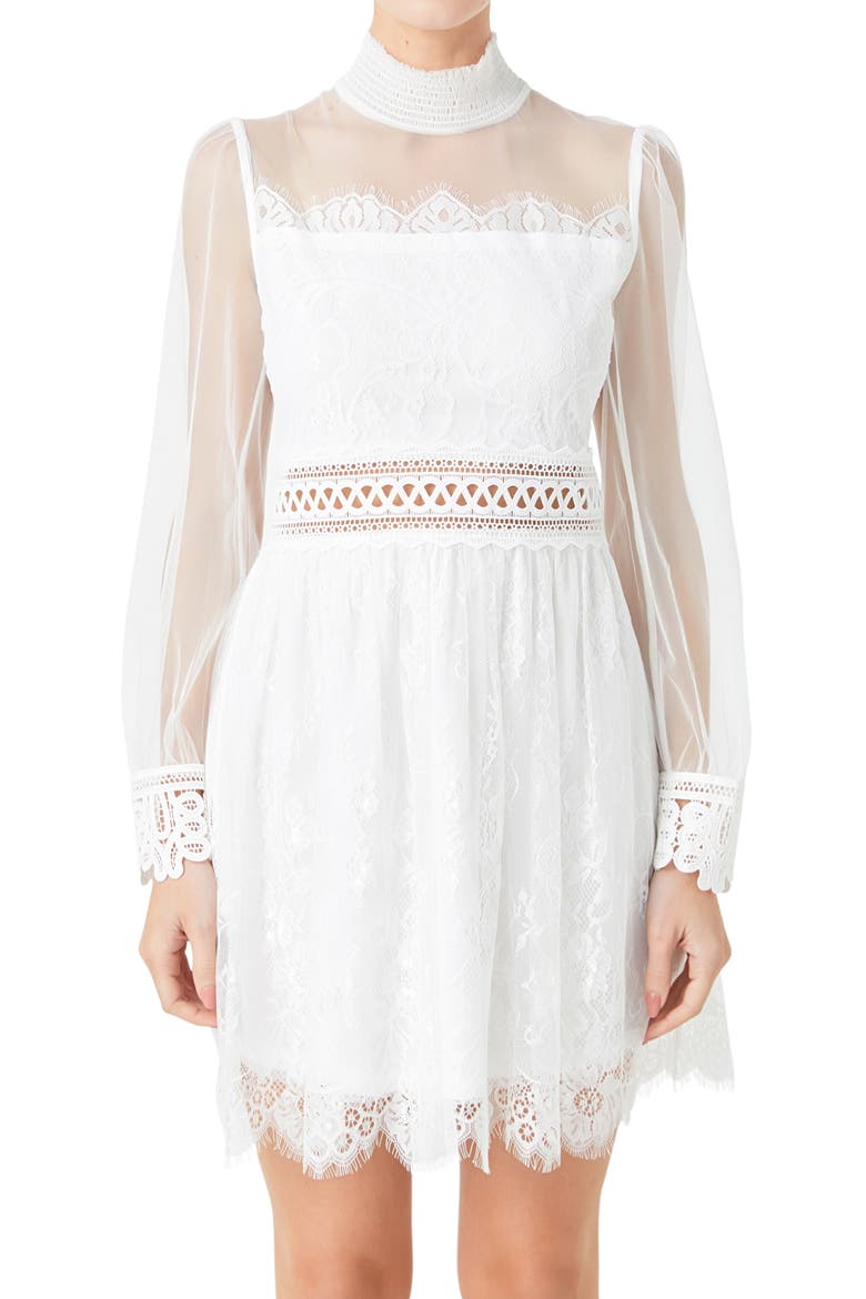 Mixed Lace Long Sleeve Cocktail Dress, Alternate, color, WHITE