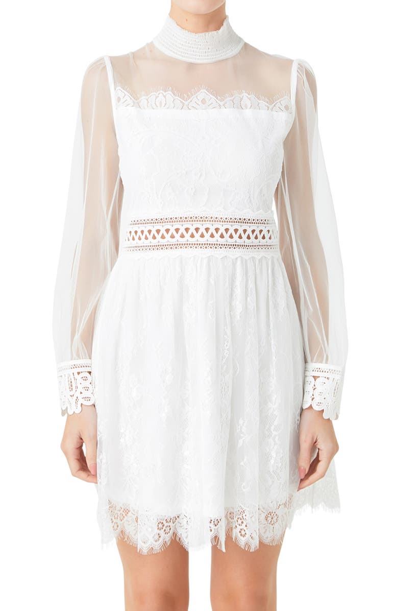 Endless Rose Mixed Lace Long Sleeve Cocktail Dress, Alternate, color, White