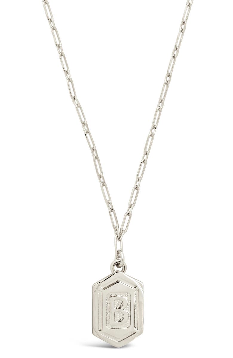 Sterling Forever Rhodium Plated Hexagon Tag Initial Pendant Necklace, Main, color, Silver-B