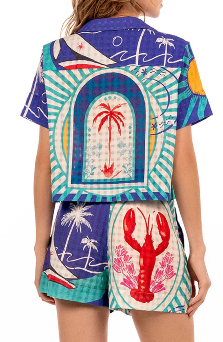 Agua Bendita Prim Alina Crop Cotton Cover-Up Shirt, Alternate, color, Blue Multicolor