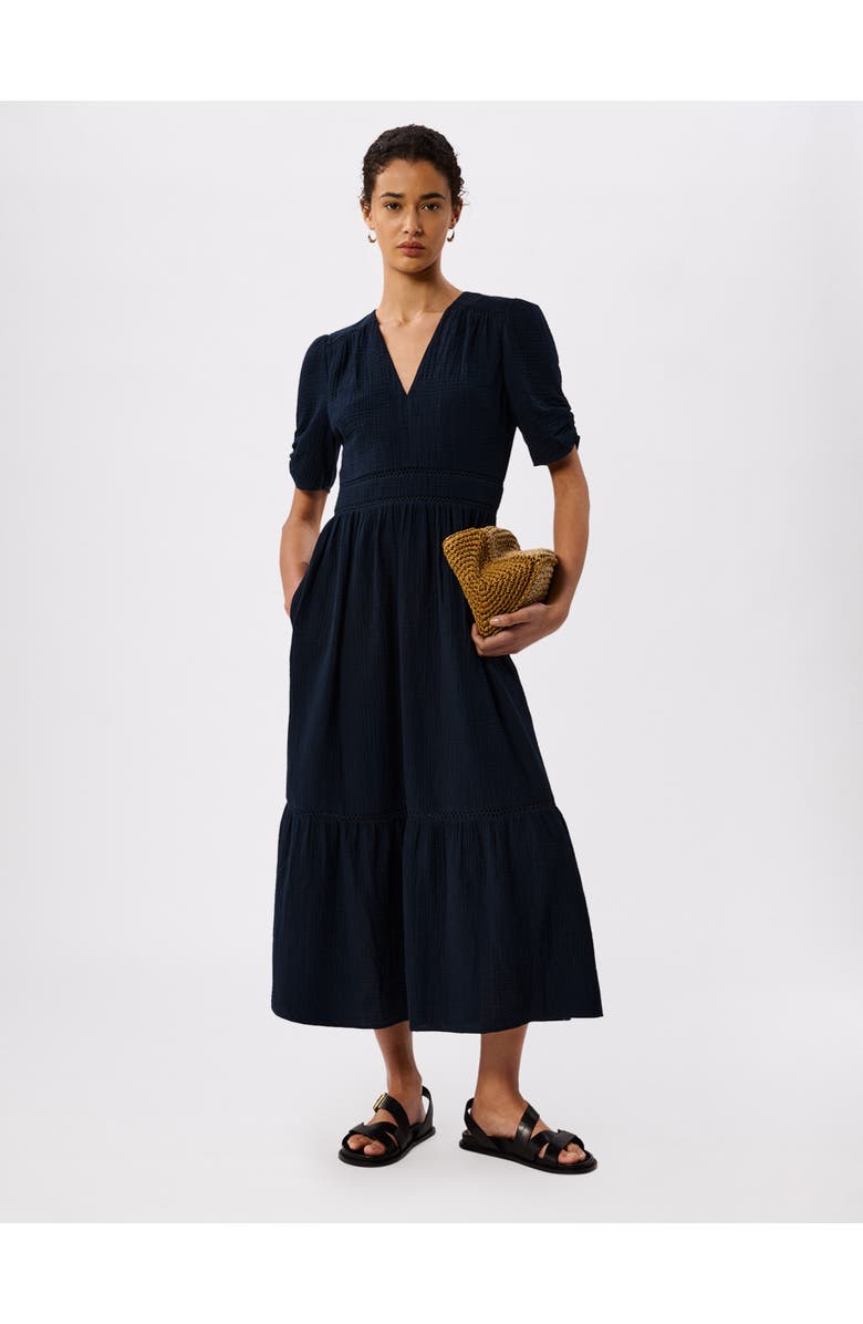 Whistles V-Neck Textured Midi Dress, Main, color, Navy