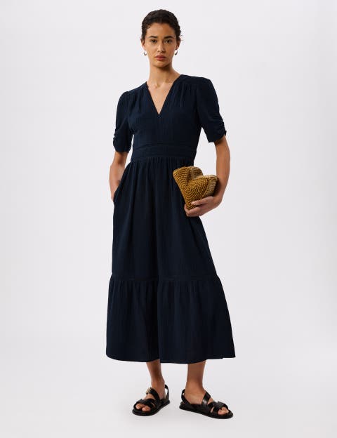 V-Neck Textured Midi Dress