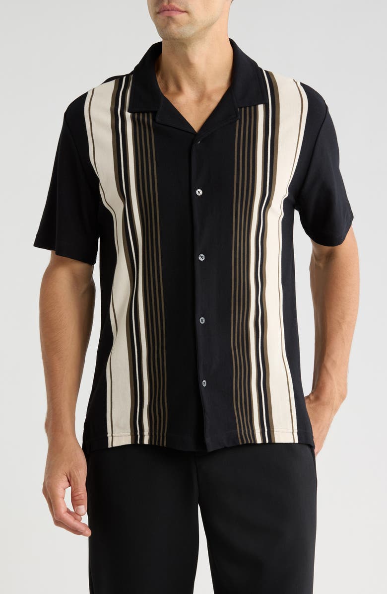 M Magaschoni Piqué Knit Button-Up Resort Shirt, Main, color, Black/White/Tan Comb