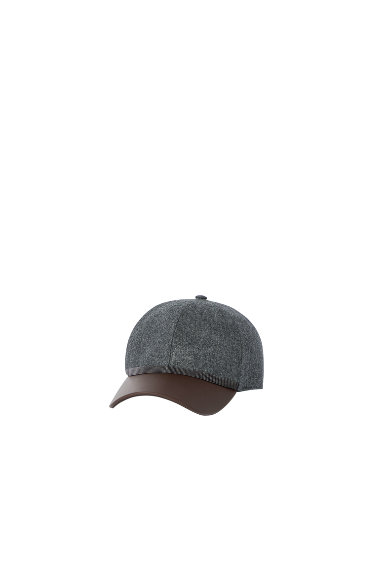 Virgin wool flannel and nappa leather baseball cap with shiny band, Alternate, color, Dark Grey