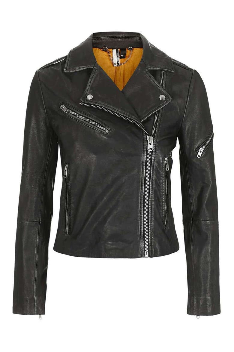 Lightning Leather Biker Jacket, Alternate, color, BLACK
