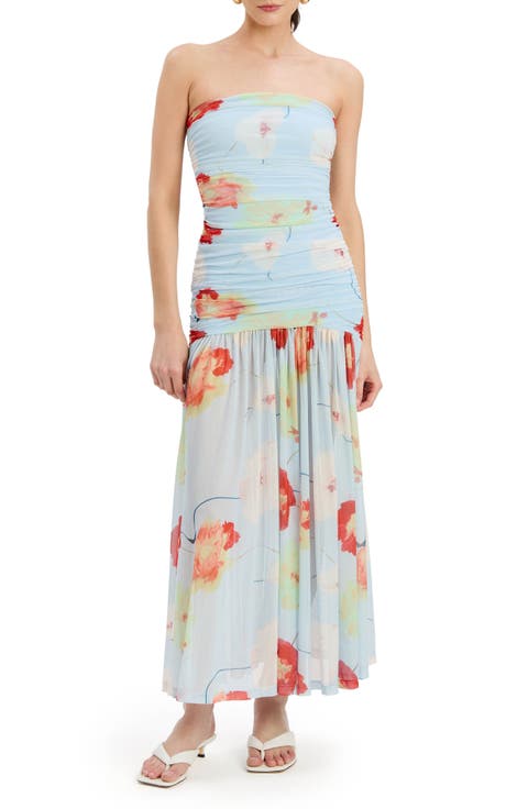 Solana Floral Strapless Mesh Maxi Dress