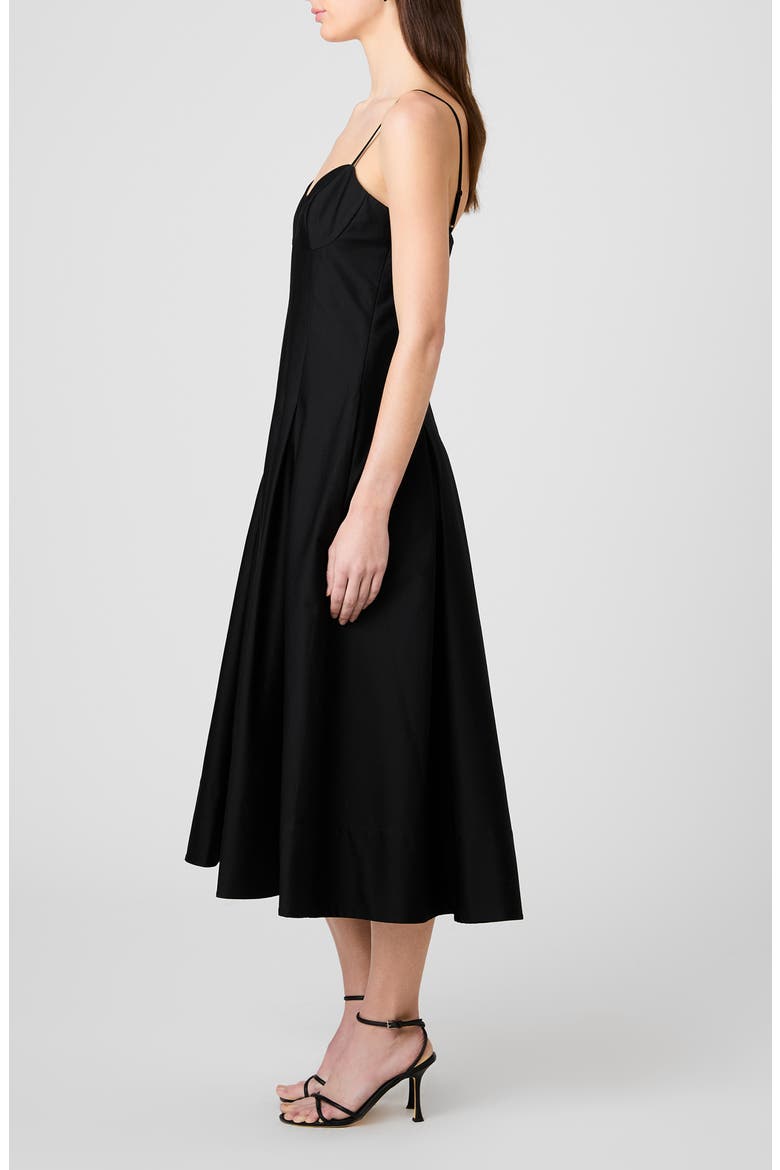 Pleated Stretch Cotton Sateen Midi Dress, Alternate, color, BLACK