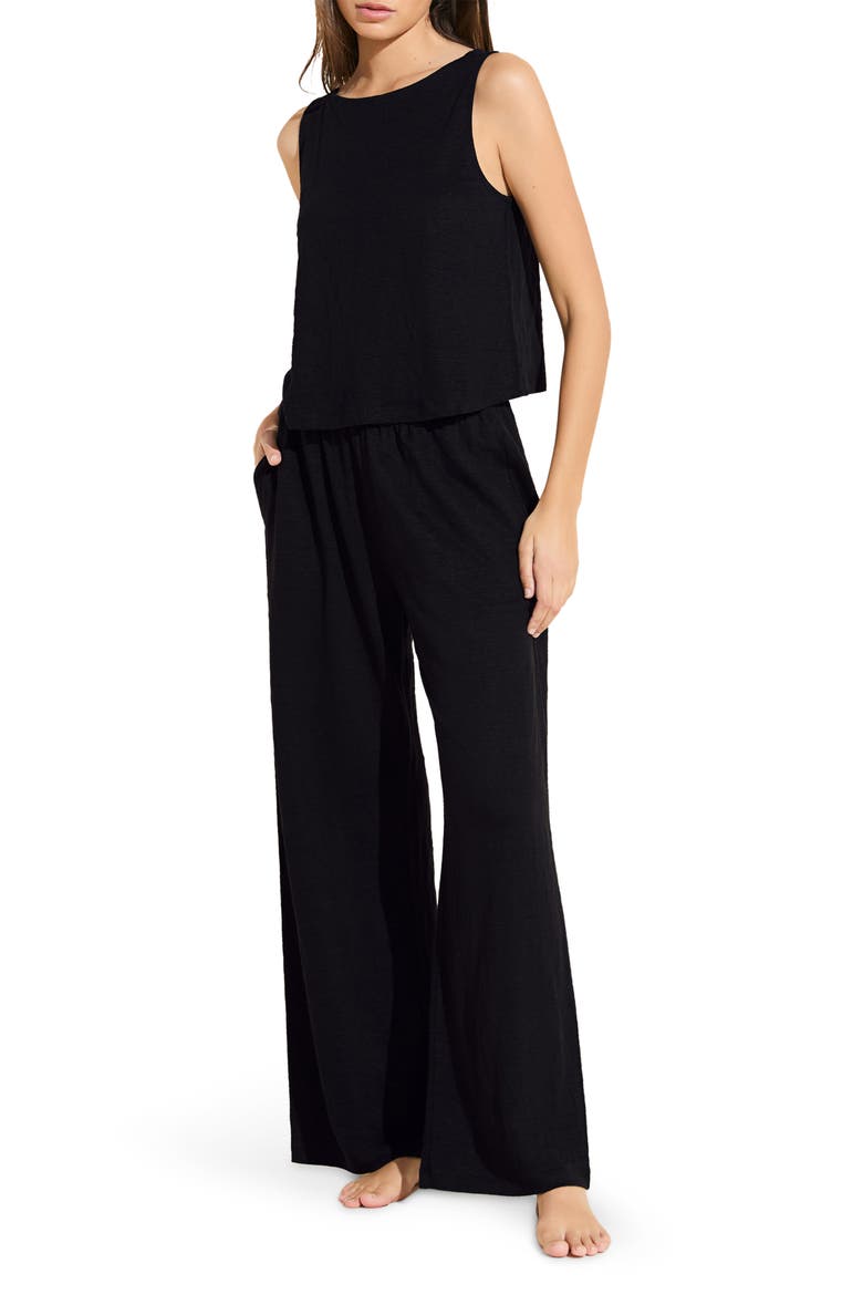 High Waist Organic Linen Lounge Pants, Main, color, BLACK