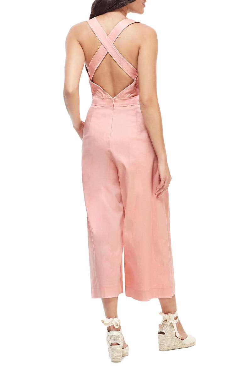 Gal Meets Glam Collection Stephanie Cross Strap Cotton Jumpsuit, Alternate, color, 