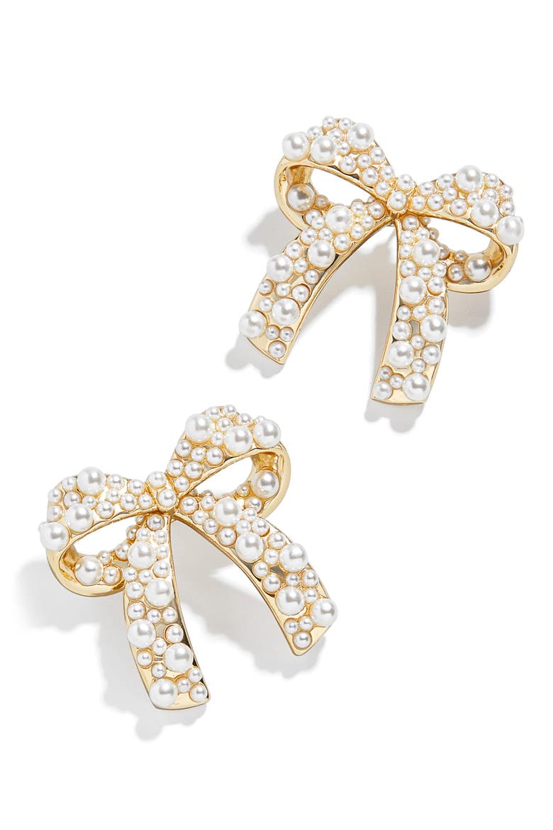 Bow Imitation Pearl Stud Earrings, Main, color, PEARL