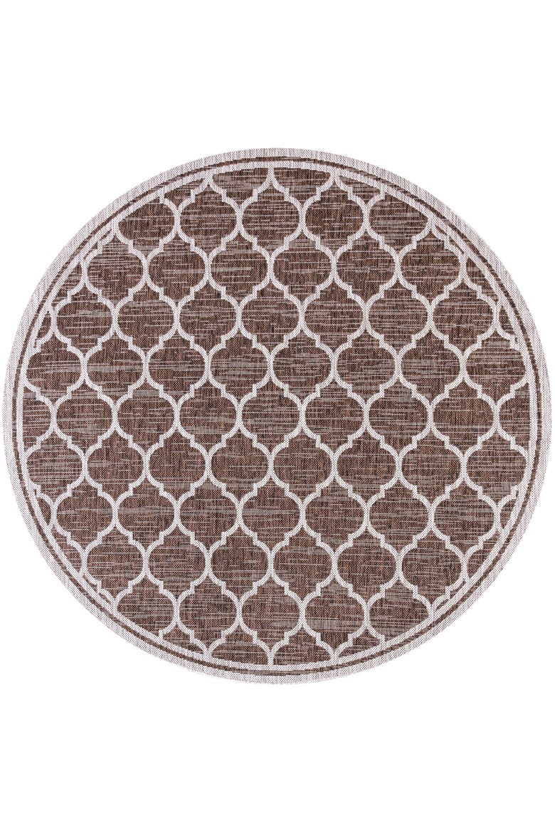Trebol Moroccan Trellis Textured Weave Indoor/Outdoor Round Area Rug, Alternate, color, Espresso/Taupe