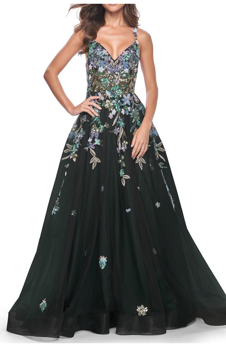 La Femme Gorgeous Sequin Floral Lace Applique A-Line Tulle Prom Dress, Main, color, Black