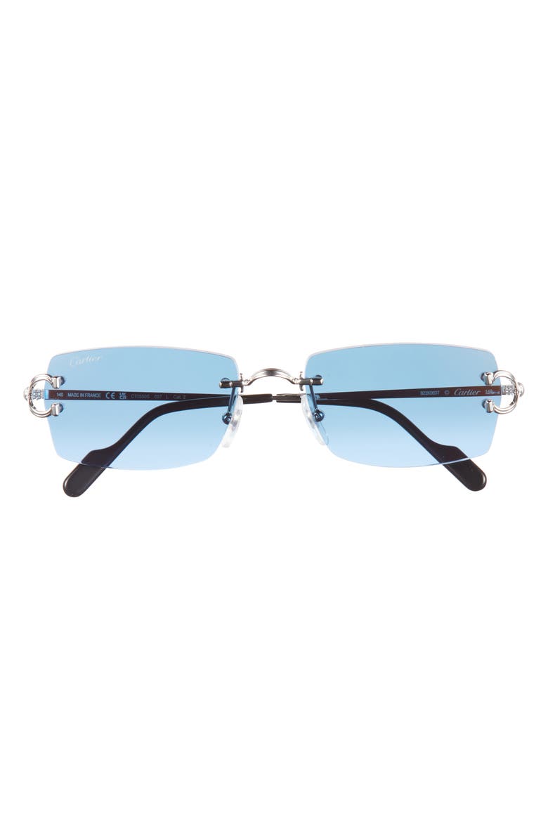 Cartier 56mm Rimless Rectangular Sunglasses, Main, color, Silver/ Light Blue Lens