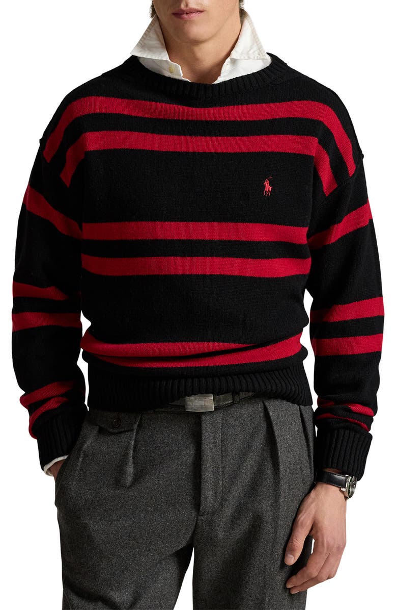 Polo Ralph Lauren Stripe Crewneck Wool Sweater, Main, color, Polo Black Combo