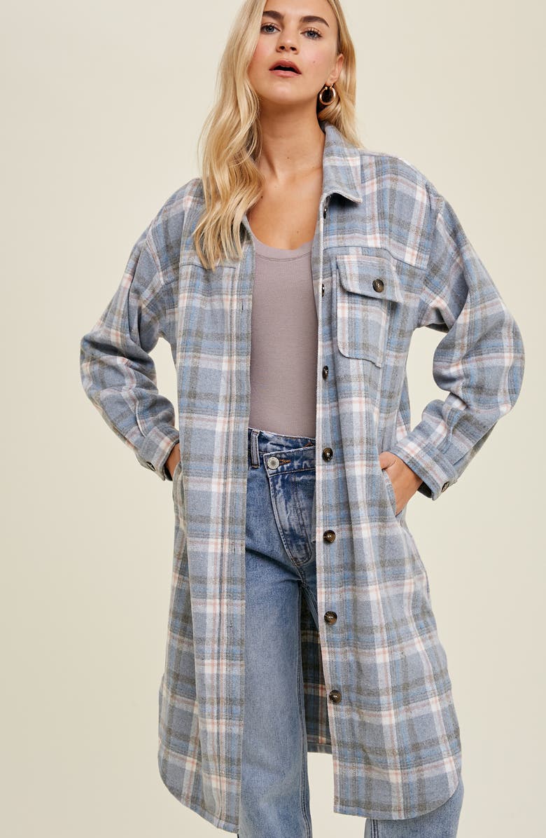 WISHLIST Plaid Brushed Long Shacket, Alternate, color, Blue