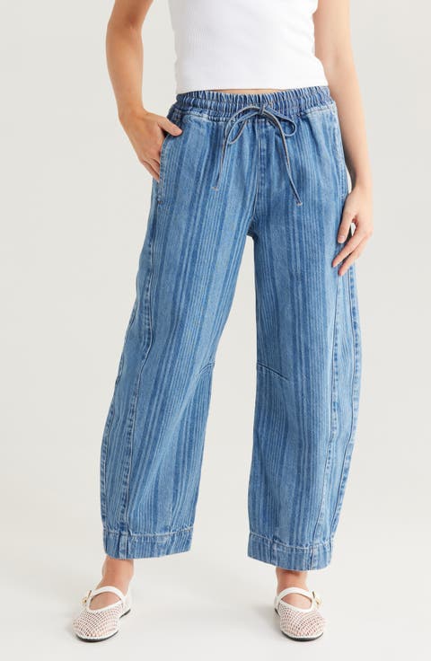 Felix Laser Stripe Barrel Leg Drawstring Jeans
