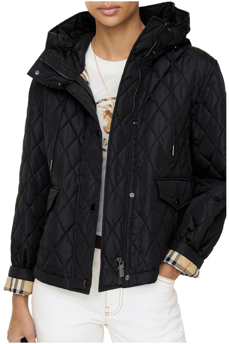 Cropped Quilted Nylon Hooded Jacket, Main, color, Black