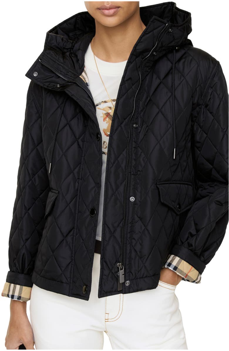 Burberry Cropped Quilted Nylon Hooded Jacket, Main, color, Black