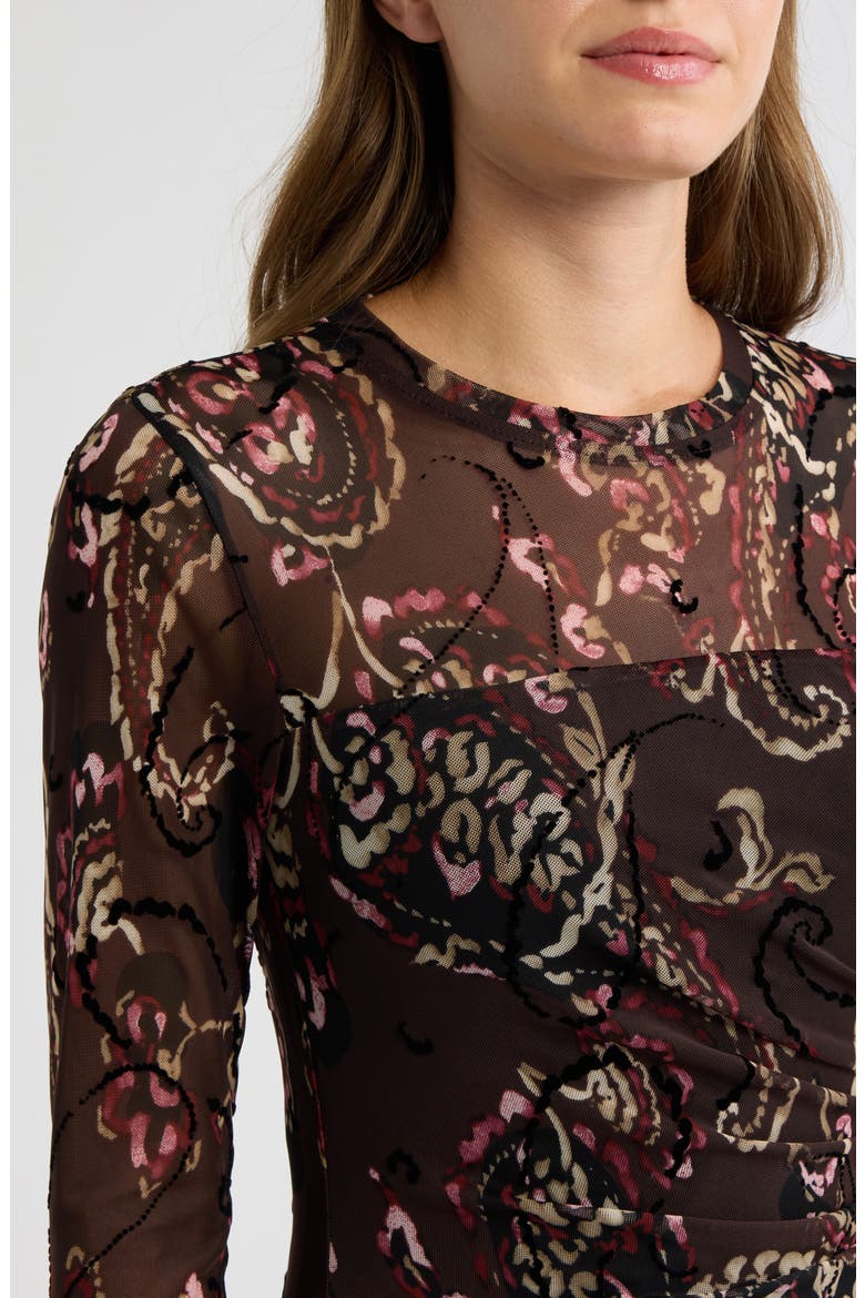 Flocked Mesh Midi Dress, Alternate, color, DEEP MAHOGANY MULTI