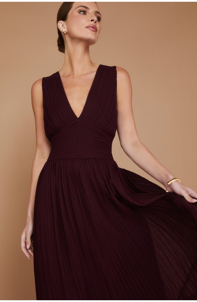 Six Stories Pleated Plunge Maxi Dress, Alternate, color, Wine