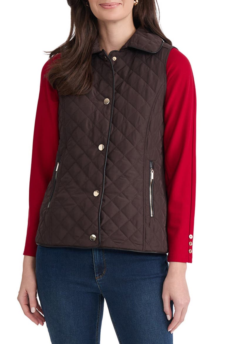 Quilted Faux Leather Trim Vest, Main, color, COFFEE BEAN/ JONES BLACK