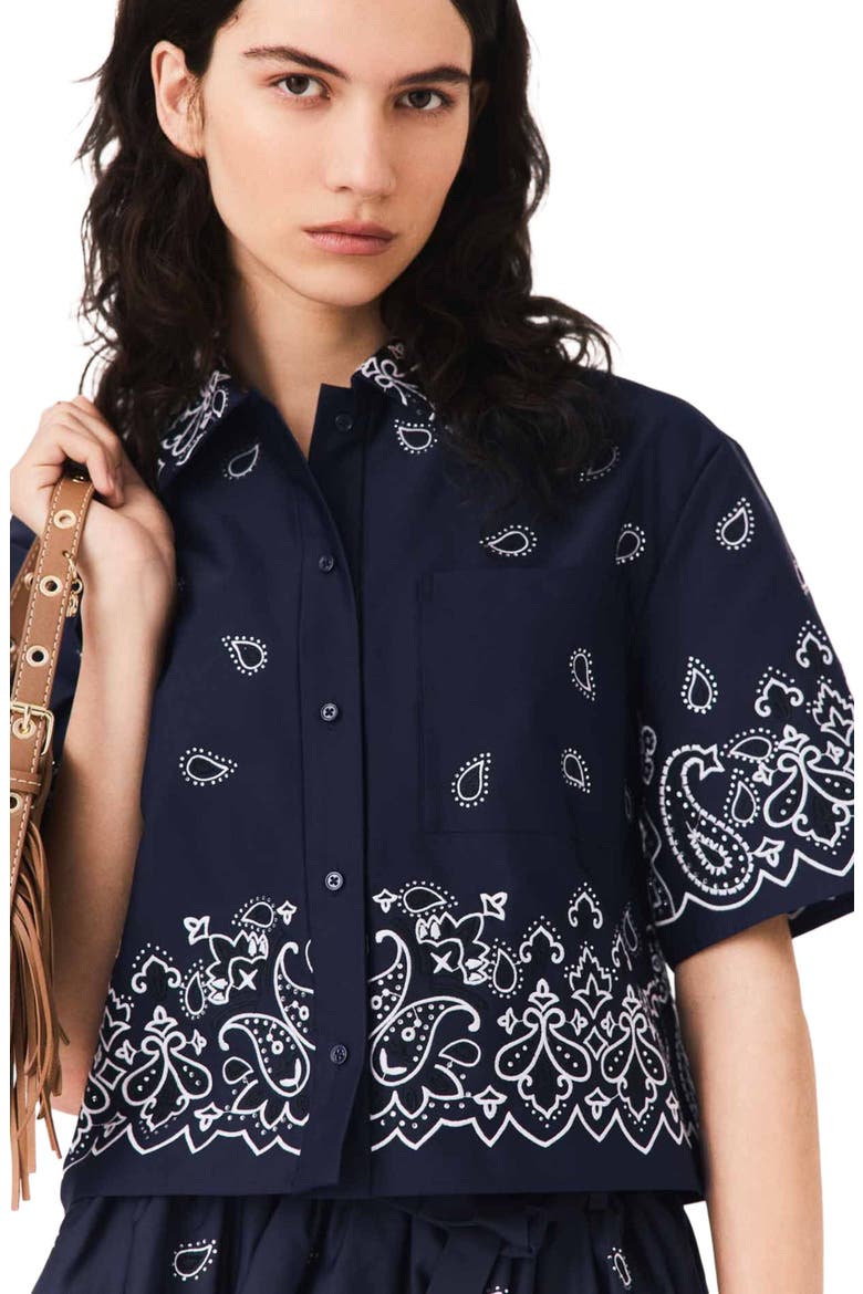 Cropped embroidered taffeta shirt, Alternate, color, Navy bandana embroidered