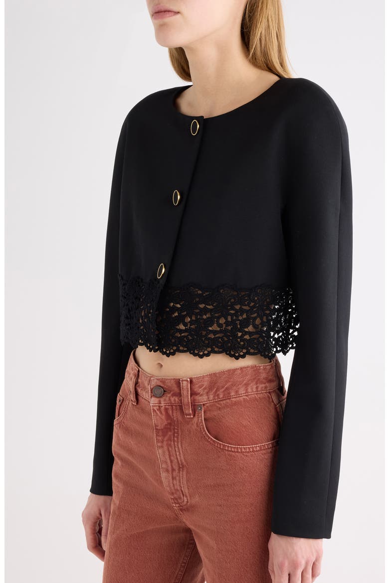 Lace Trim Crop Wool Grain de Poudre Jacket, Alternate, color, BLACK