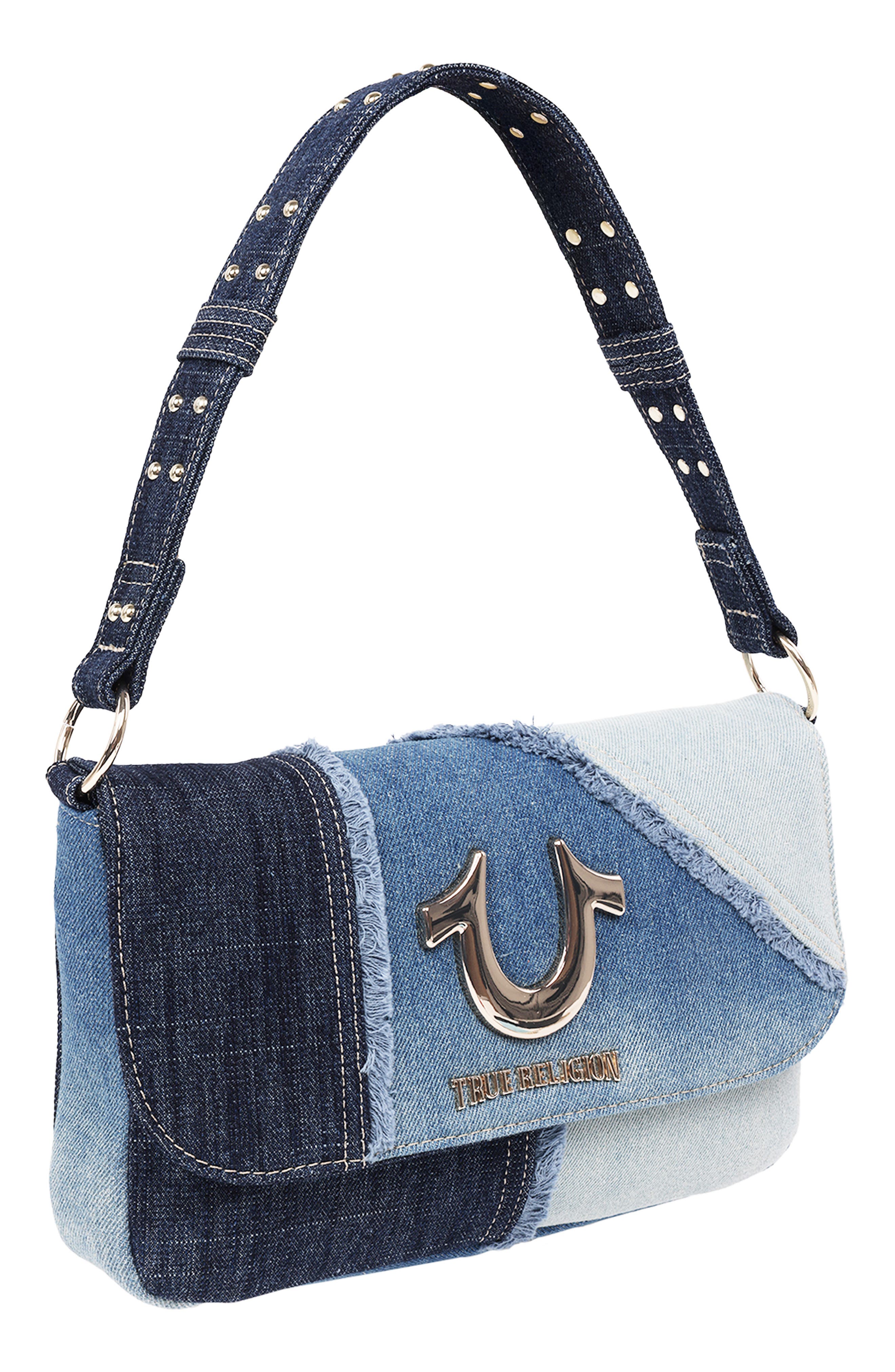 True Religion Frayed Denim Horseshoe Shoulder Bag, Alternate, color, Denim/ Blue