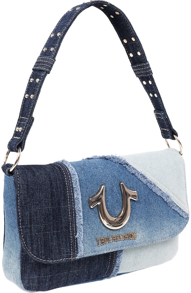 True Religion Frayed Denim Horseshoe Shoulder Bag, Alternate, color, Denim/ Blue