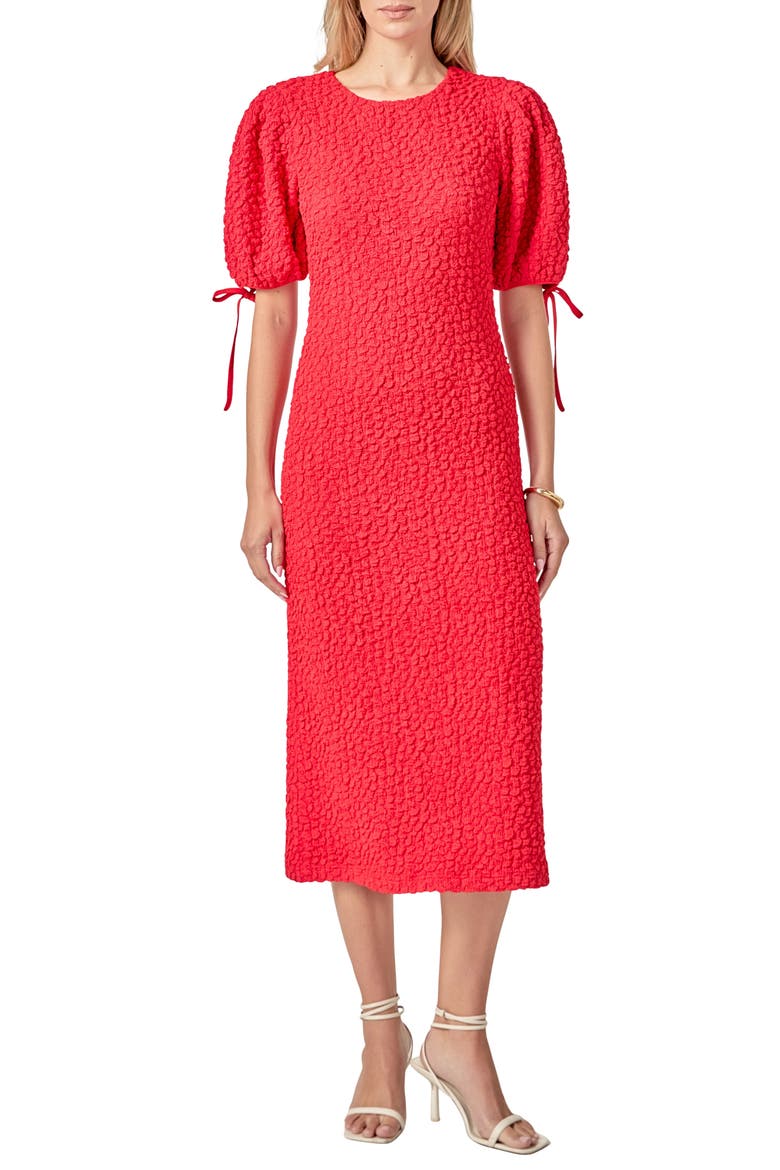 Textured Puff Sleeve Midi Dress, Main, color, RED