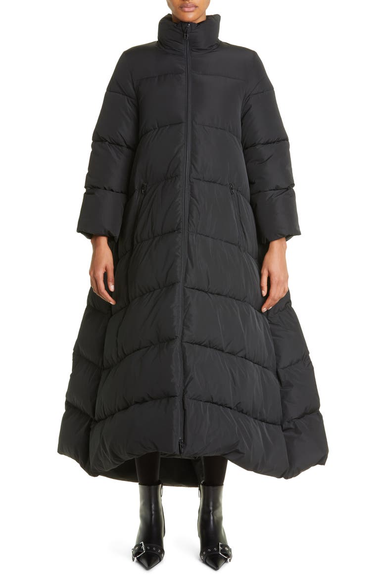 Maxi Bow A-Line Puffer Coat, Main, color, BLACK
