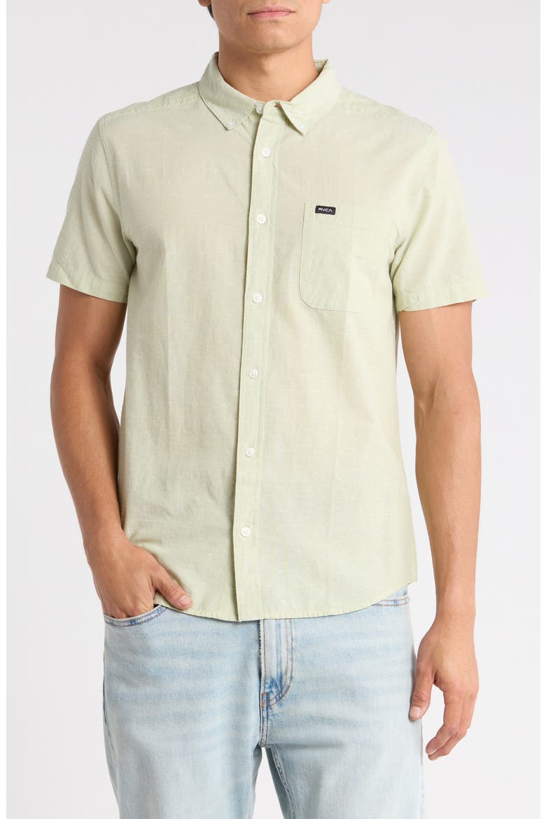 That'll Do Slim Fit Solid Short Sleeve Cotton Button-Down Shirt, Main, color, LAUREL GREEN