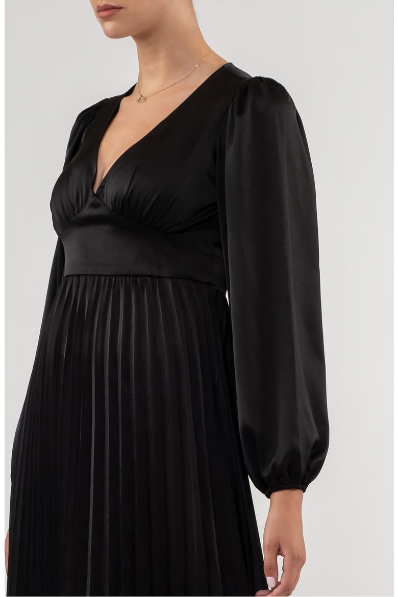 Empire Waist Pleated Satin Midi Dress, Alternate, color, BLACK