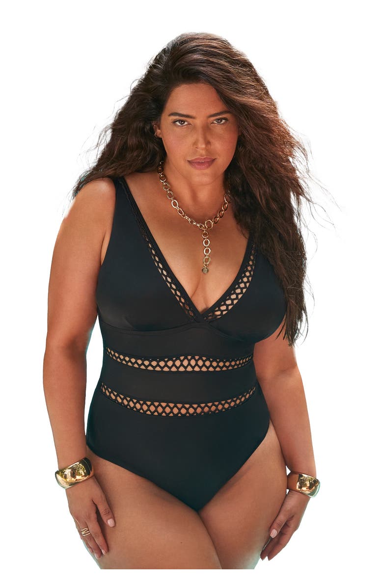 Swimsuits for All Lattice Plunge One Piece Swimsuit, Main, color, Black