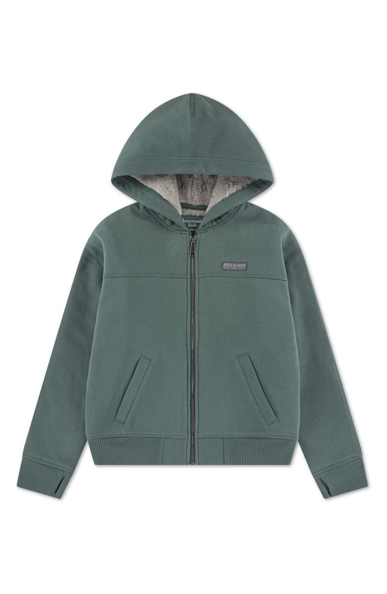 abercrombie kids Kids' Faux Fur Lined Full Zip Hoodie, Main, color, Dark Forest